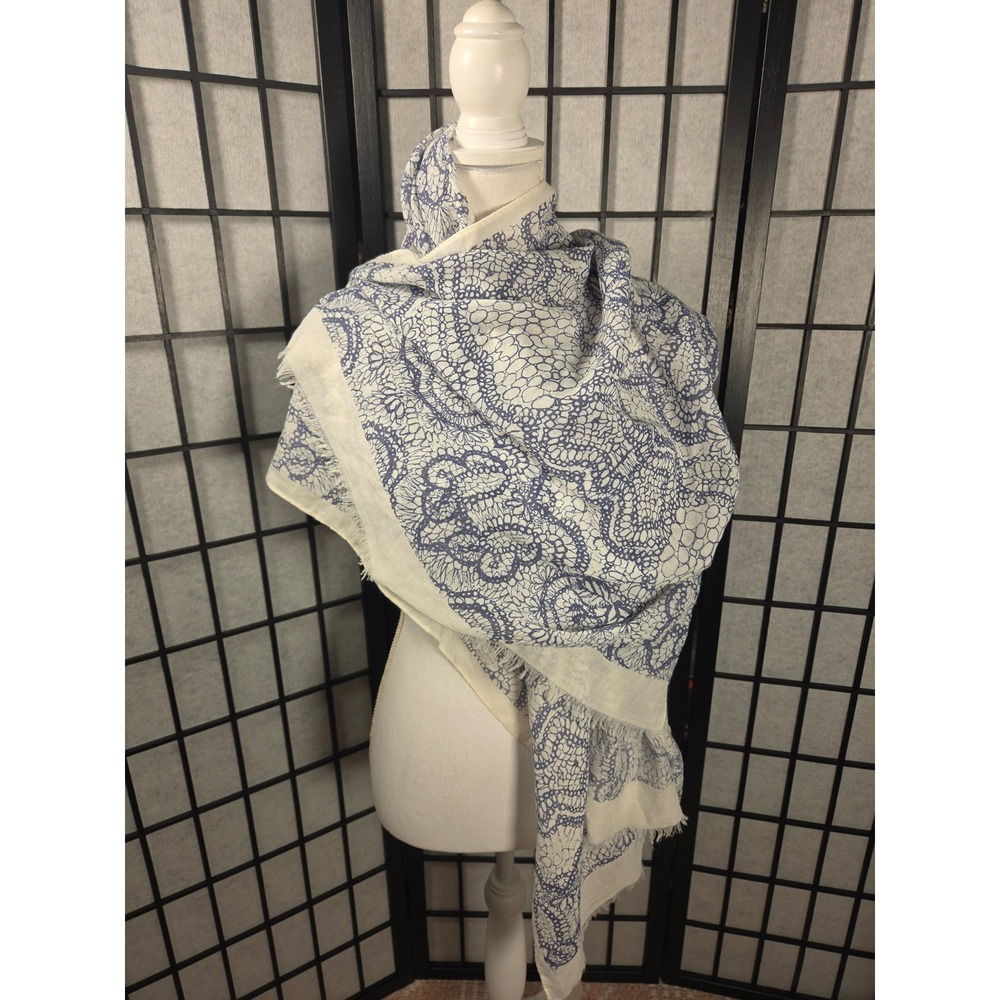 Arianna by Howard's Blue Lace Print Scarf Cotton Viscose Blend Wrap Fringed Trim